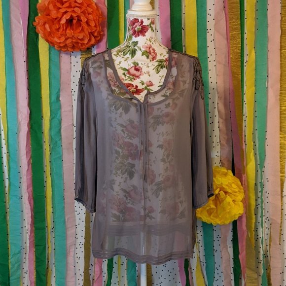 Peach Love California Tops - Cream Purple Sheer Top - Size 42 CA (US size 12)